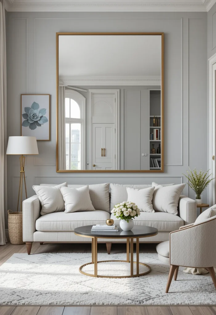 Oversized Gold Mirror on Grey Wall