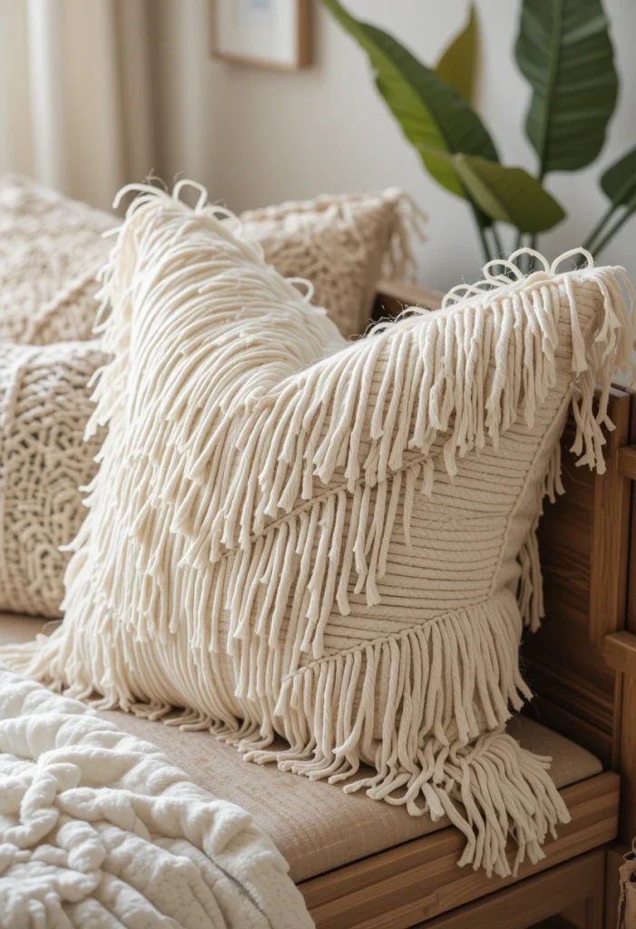 Neutral Fringe Pillow Layering