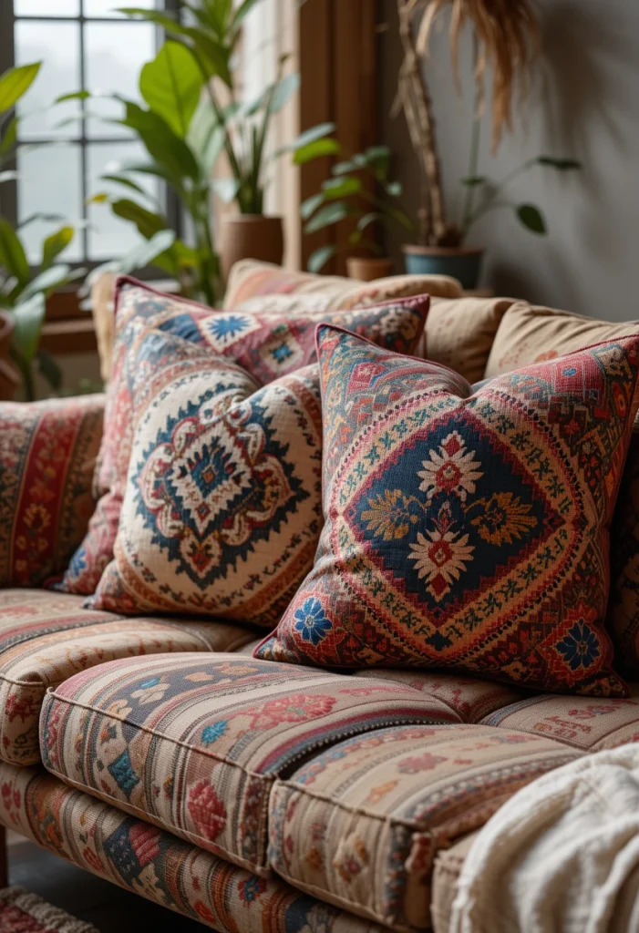 Colorful Kilim-Inspired Pillow Arrangements