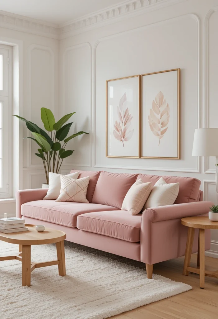Blush Pink Velvet Sofa With Soft Neutrals