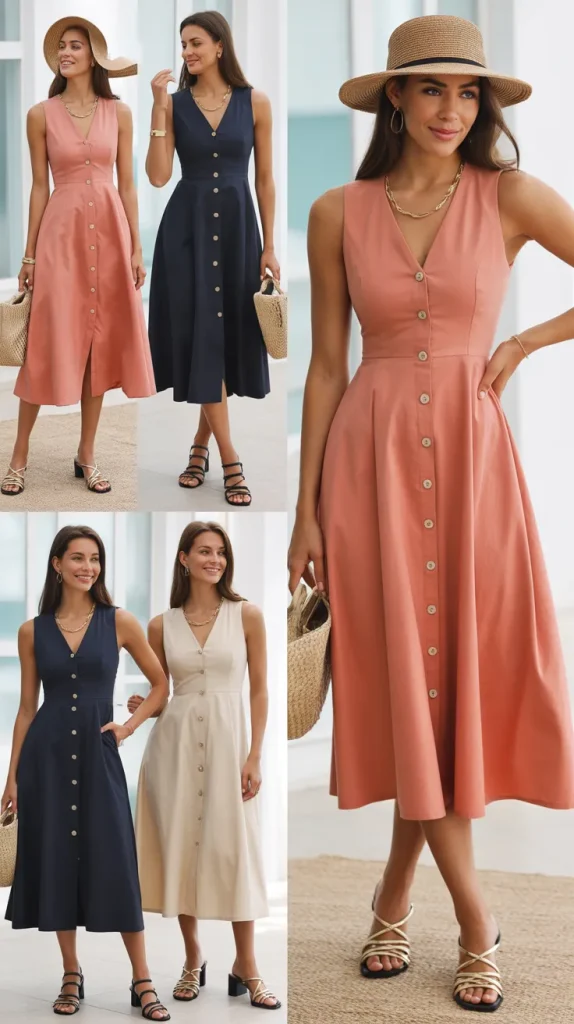 Button-Front Midi Dress