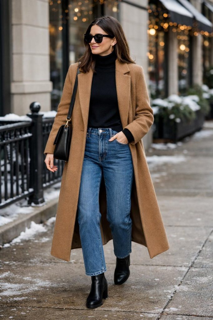 Long Wool Coat With Straight-Leg Jeans
