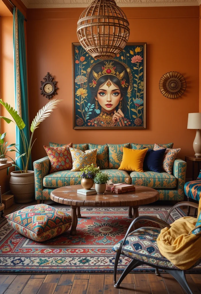 Some boho spaces embrace bold color combinations in the best possible way. Jewel tones like emerald green, mustard yellow, burnt orange, and deep blue create a vibrant energetic atmosphere. The key is balancing colorful accents with natural textures so the room still feels cohesive. Layering colorful cushions, artwork, and patterned rugs instantly gives the space a lively collected feel. COLORFUL KILIM RUGS, VELVET THROW PILLOWS, and BOHO WALL ART SETS help create this playful aesthetic.