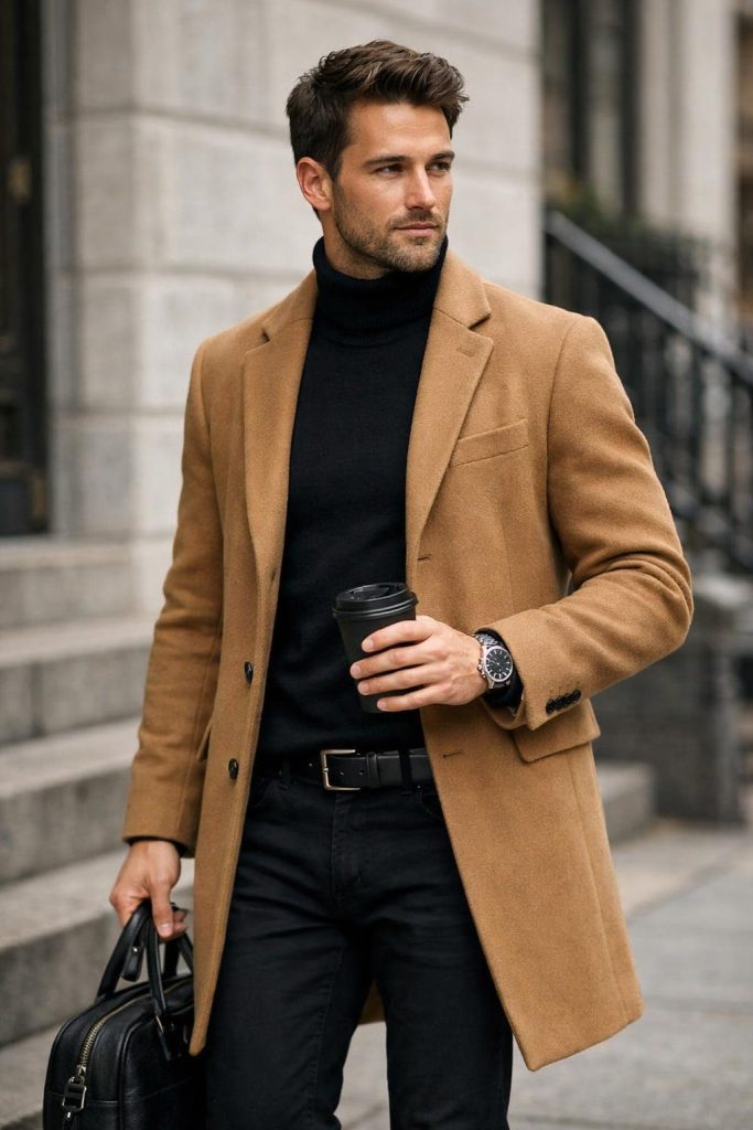 Black Turtleneck With Camel Coat