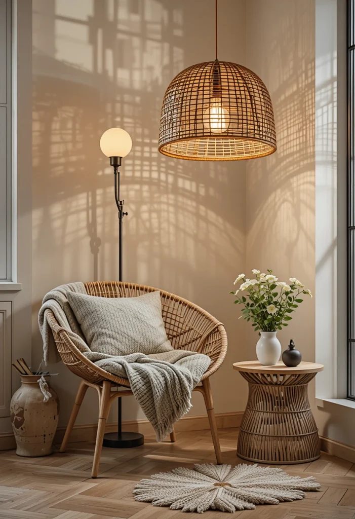 Woven Rattan Floor Lamps in Reading Corners
