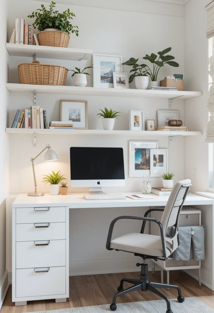Minimal White Desk Setup With Floating Shelves