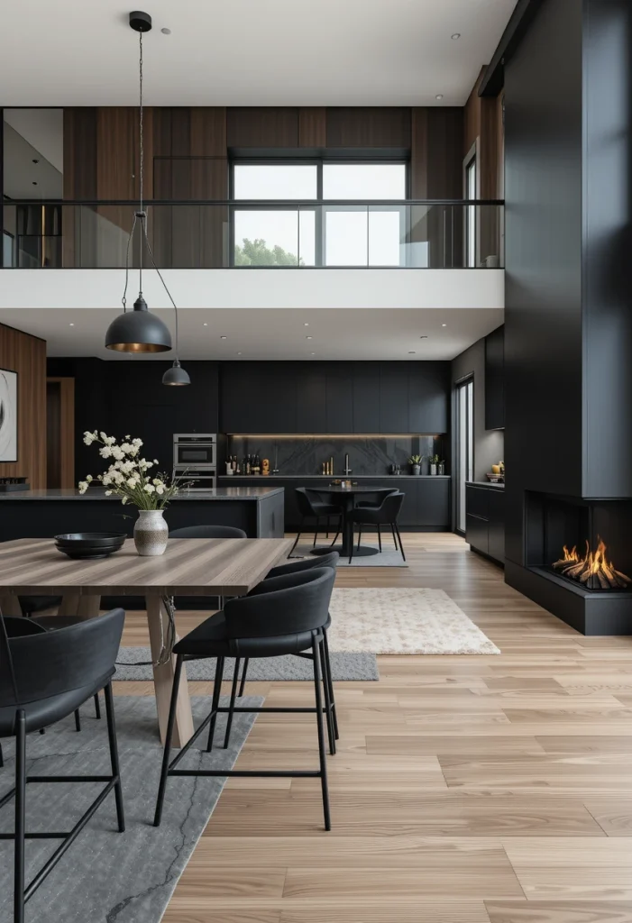 Matte Black And Oak Open Kitchen