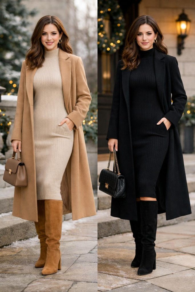 Ribbed Knit Dress With Long Coat