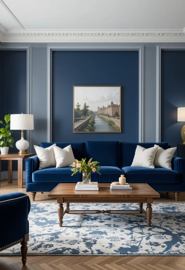 Navy Blue Velvet Sofa in a Modern Living Room