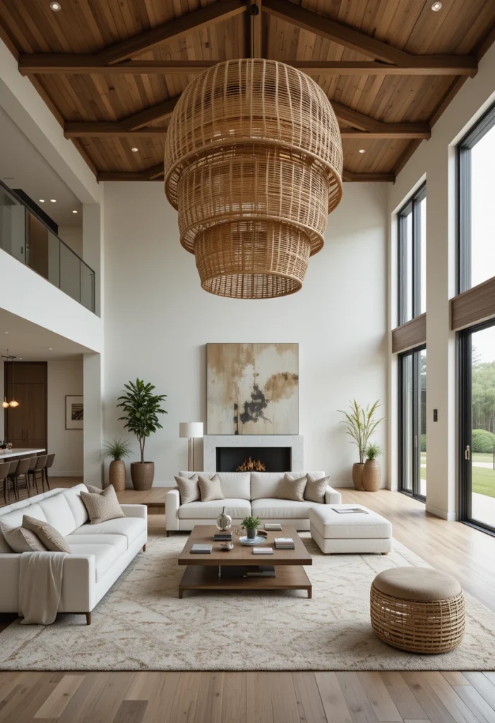 Layered Rattan Chandeliers in Open Living Rooms
