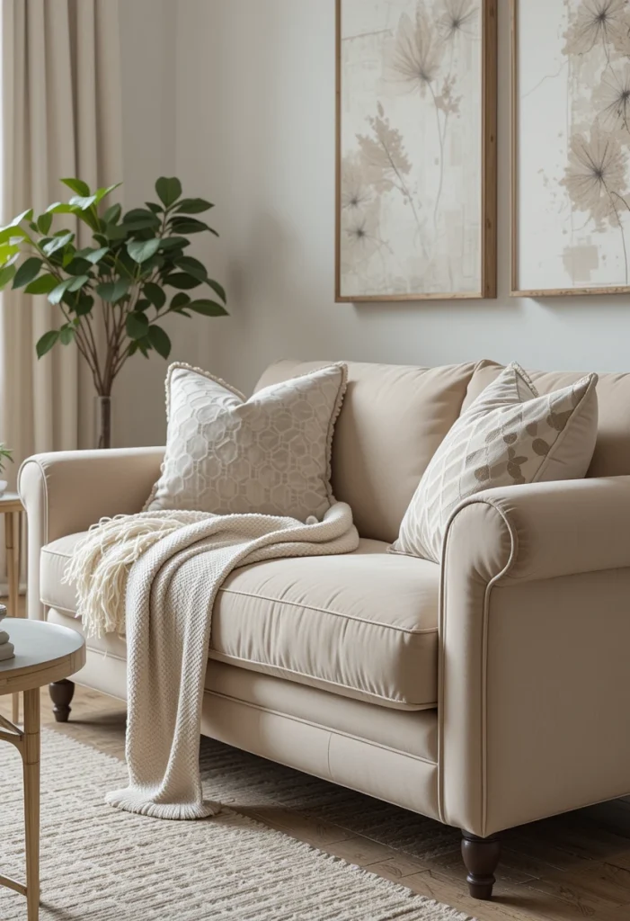 Neutral Beige Velvet Sofa for Timeless Appeal