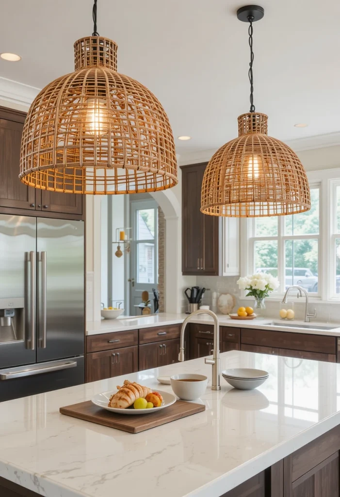 Double Rattan Pendants Above Kitchen Islands