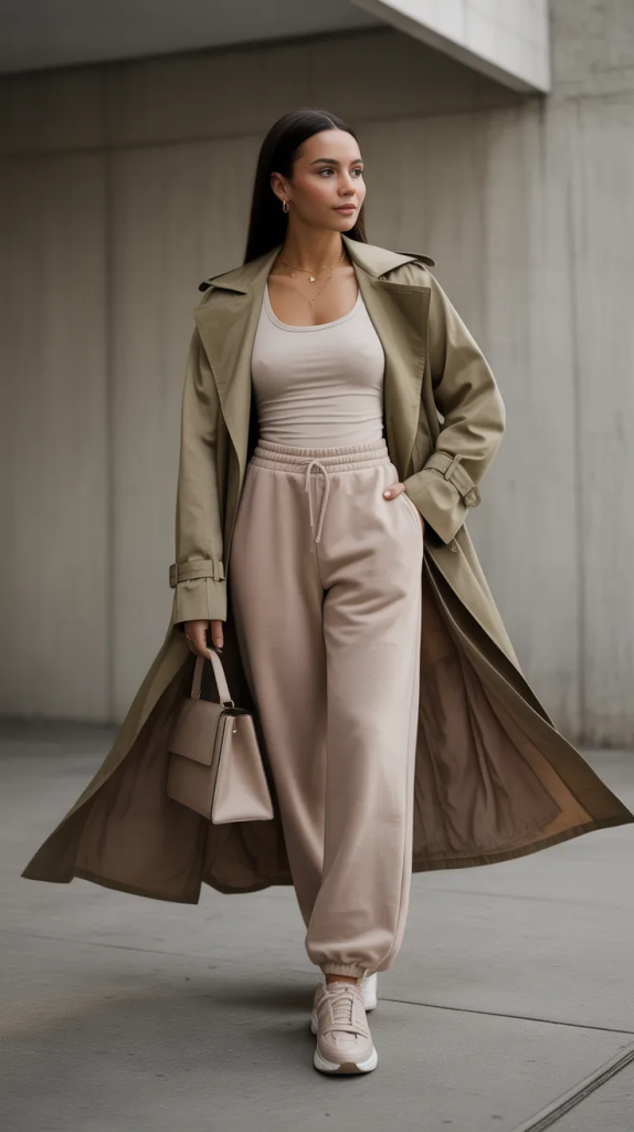Beige Sweatpants with a Trench Coat