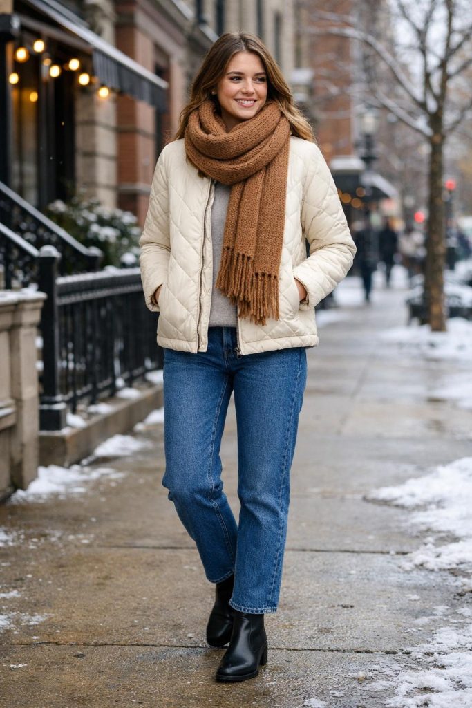 Quilted Jacket With Knit Scarf
