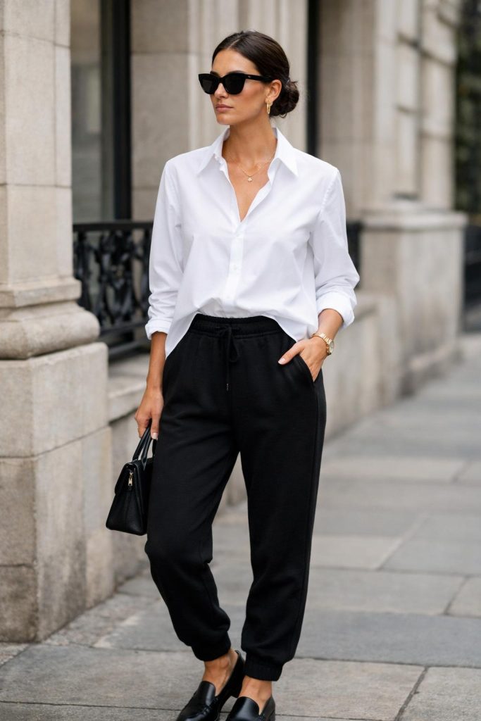 Black Sweatpants with a Crisp White Button-Down