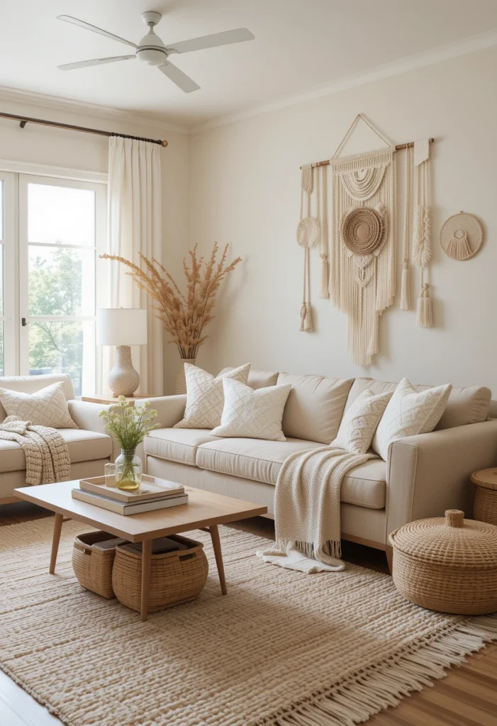 Neutral Boho Living Room With Soft Textures