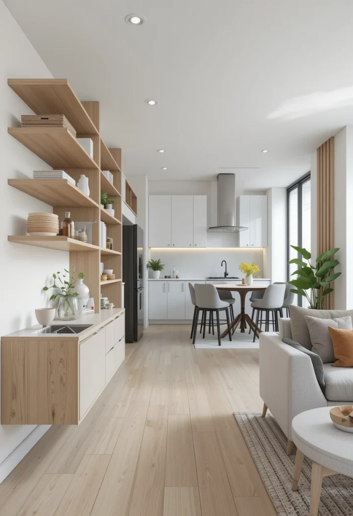 Small Apartment Open Kitchen With Floating Shelves