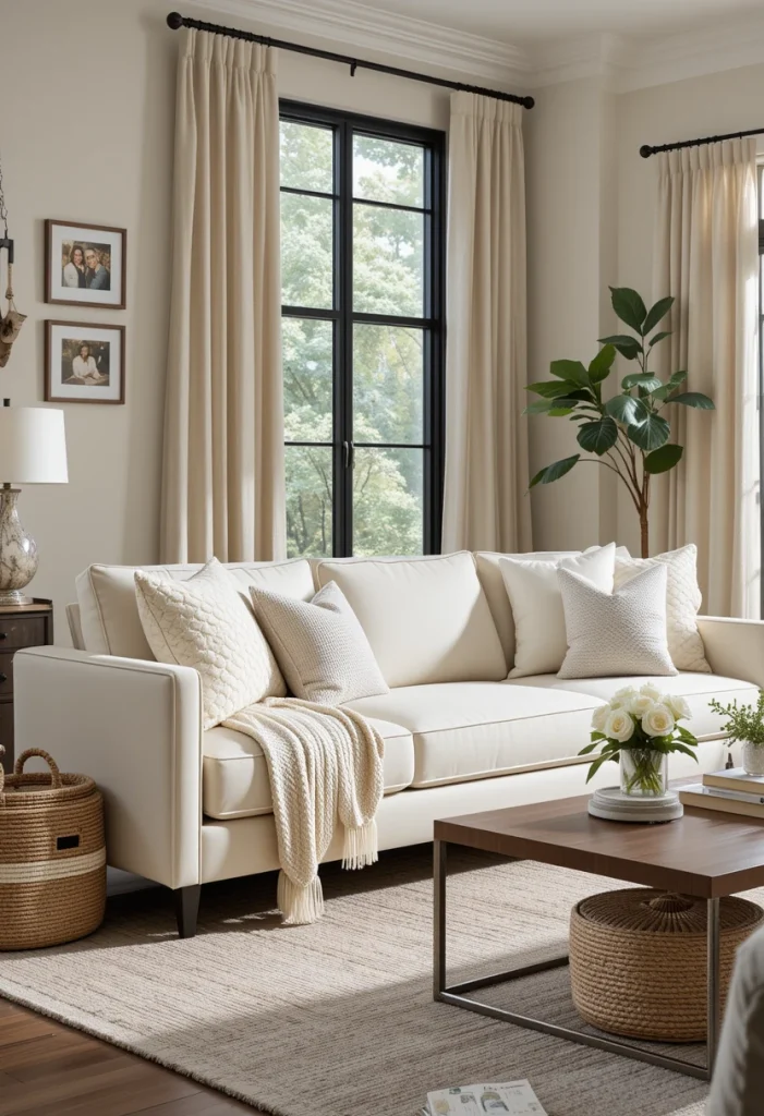 Ivory Velvet Sofa With Layered Textures