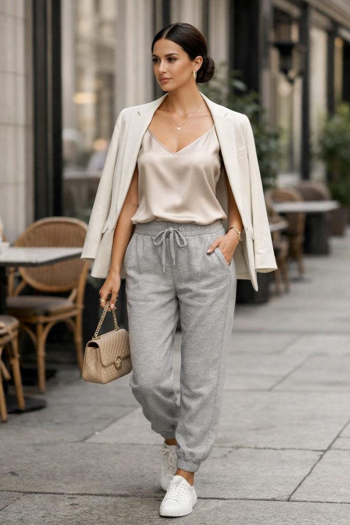 Sweatpants with a Silk Camisole