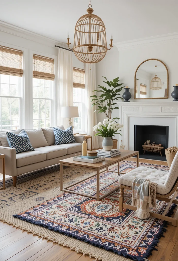 Layered Jute Rugs with a Patterned Accent Rug