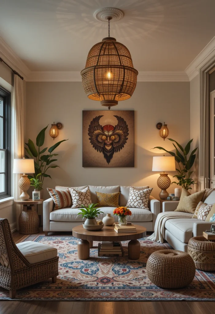 Bohemian Living Room With Statement Lighting