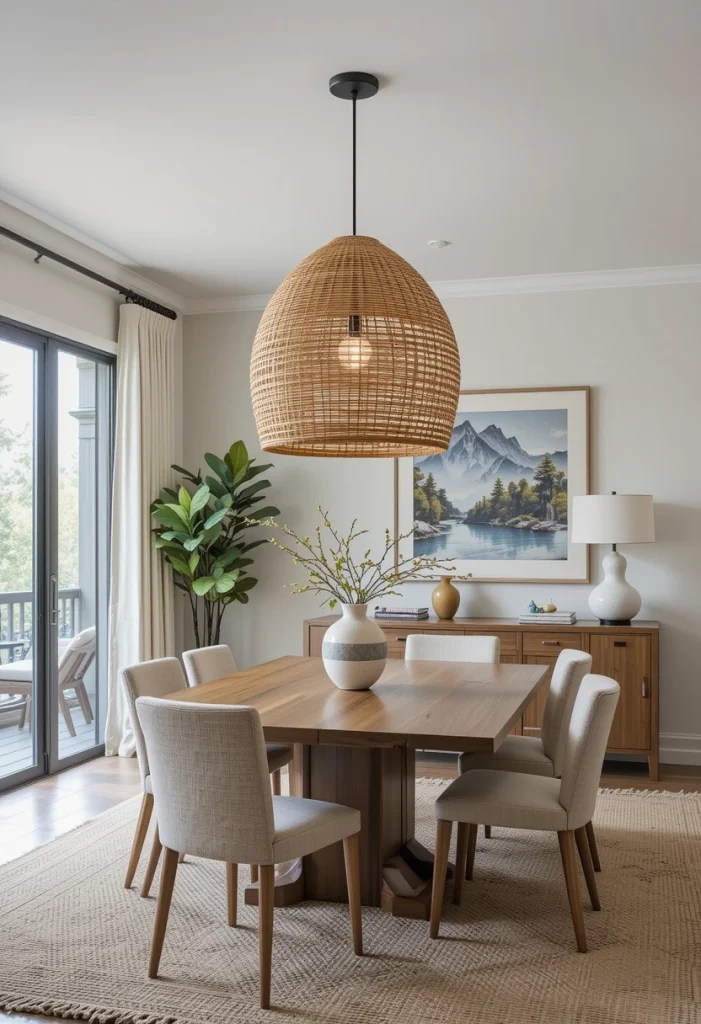 Oversized Rattan Pendant Lights Above the Dining Table