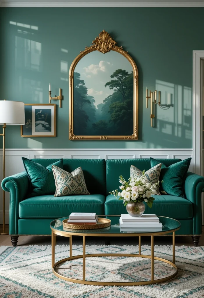 Emerald Green Velvet Sofa With Gold Accents