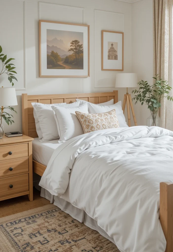 Mix White Bedding with Warm Wood Accents