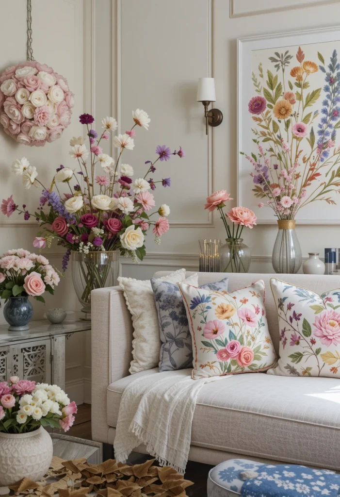 Layered Floral Decor Throughout the Room