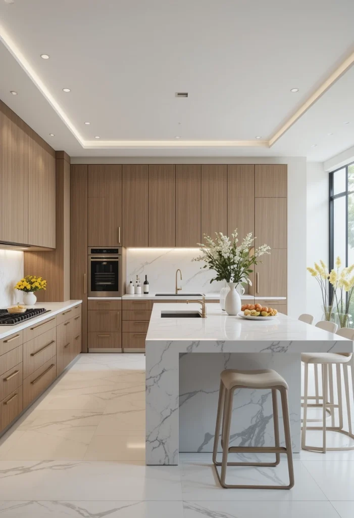 White Marble Kitchen with Warm Wood Accents