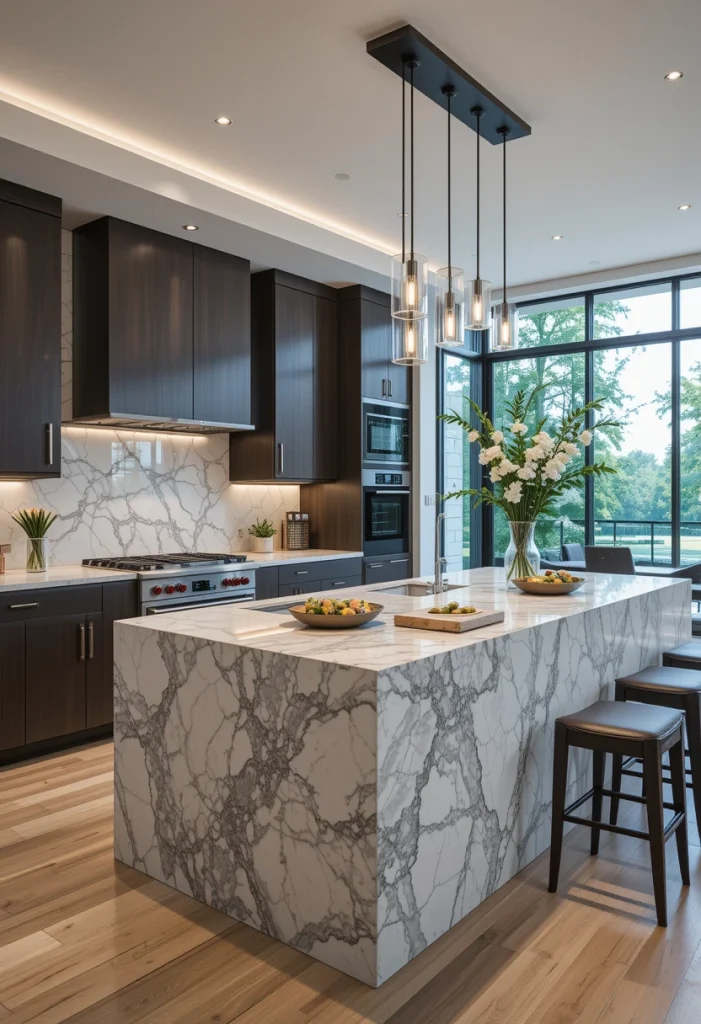 Quartz Waterfall Island Kitchen