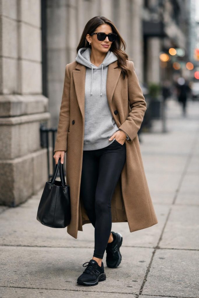 Layering instantly makes sporty outfits feel more fashionable. A neutral hoodie worn underneath a tailored wool coat combines street style with timeless elegance.