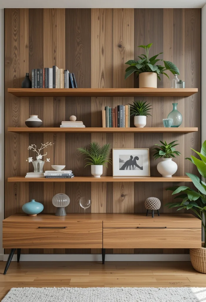 Wood Accent Wall with Floating Shelves