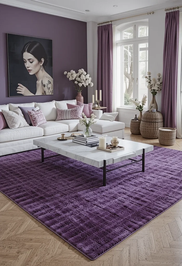Layer a Purple Area Rug Over Light Flooring