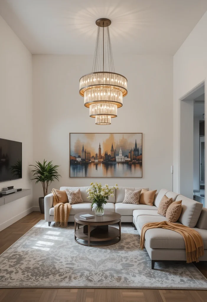 Add a Tiered Chandelier to an Open Living Room