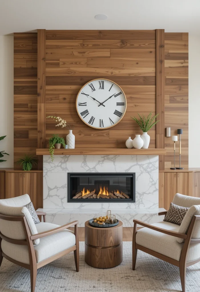 Wood Wall with Built-In Fireplace