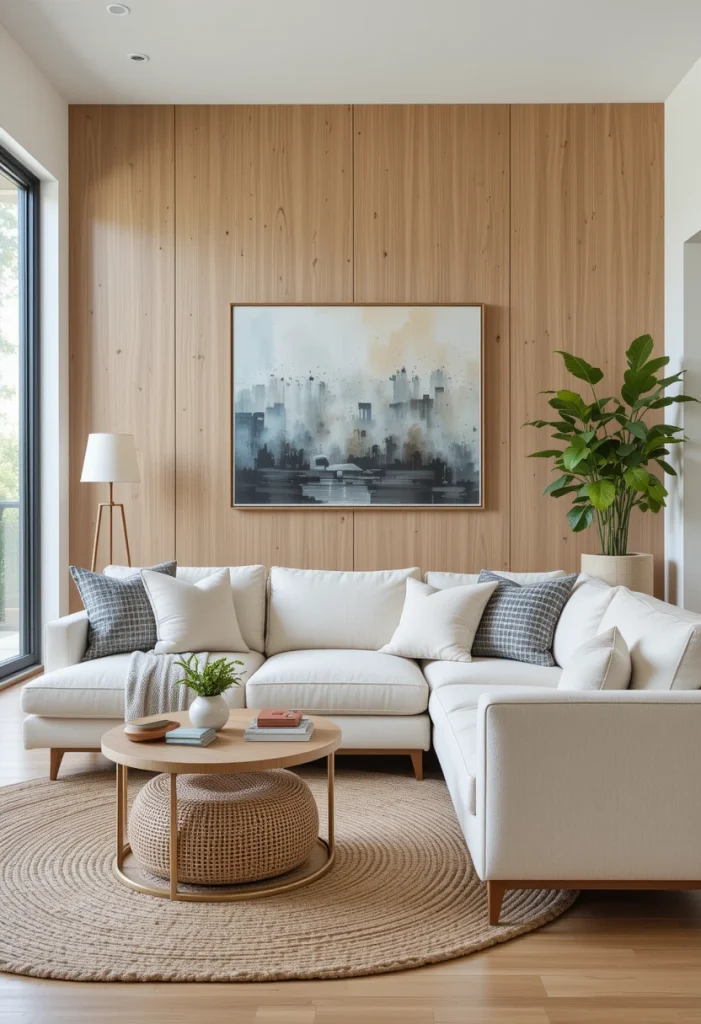 Light Oak Feature Wall Behind the Sofa