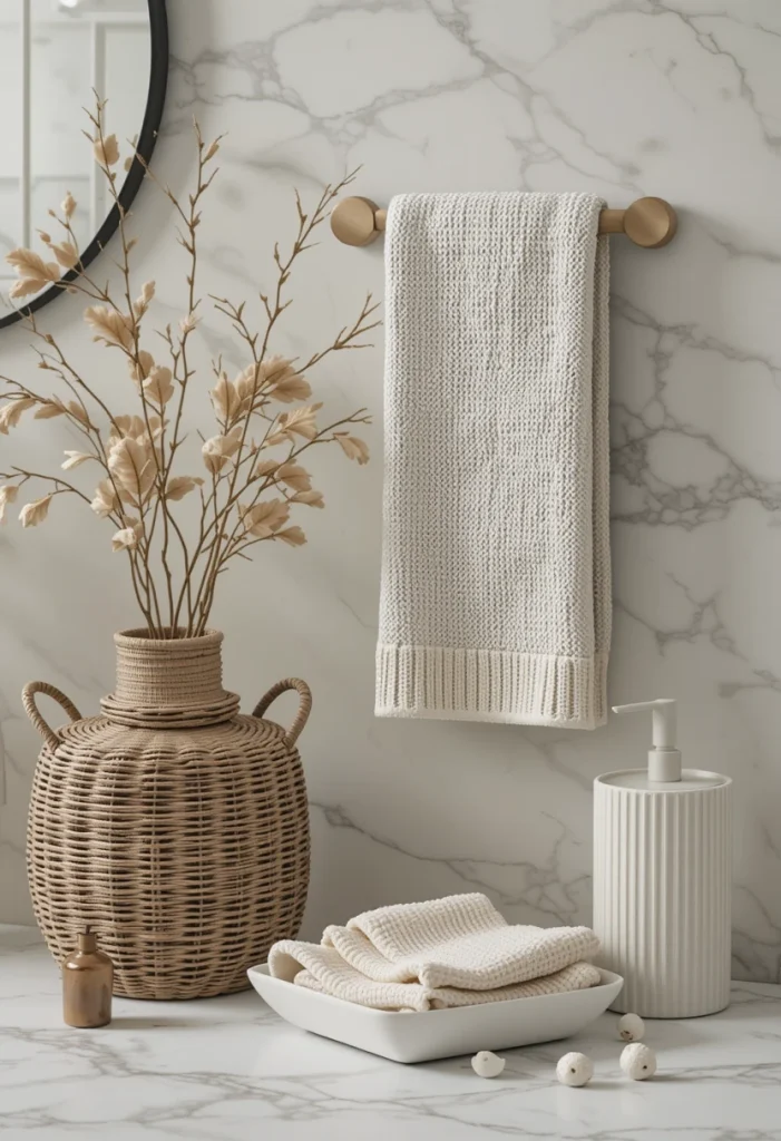 Contemporary bathrooms avoid unnecessary decoration, but they never feel plain. Texture adds warmth while maintaining a clean design. Think woven baskets, ribbed ceramic containers, and soft cotton towels in neutral shades. Add interest with a waffle weave towel set, a woven storage basket, and a ribbed ceramic bathroom accessory set.