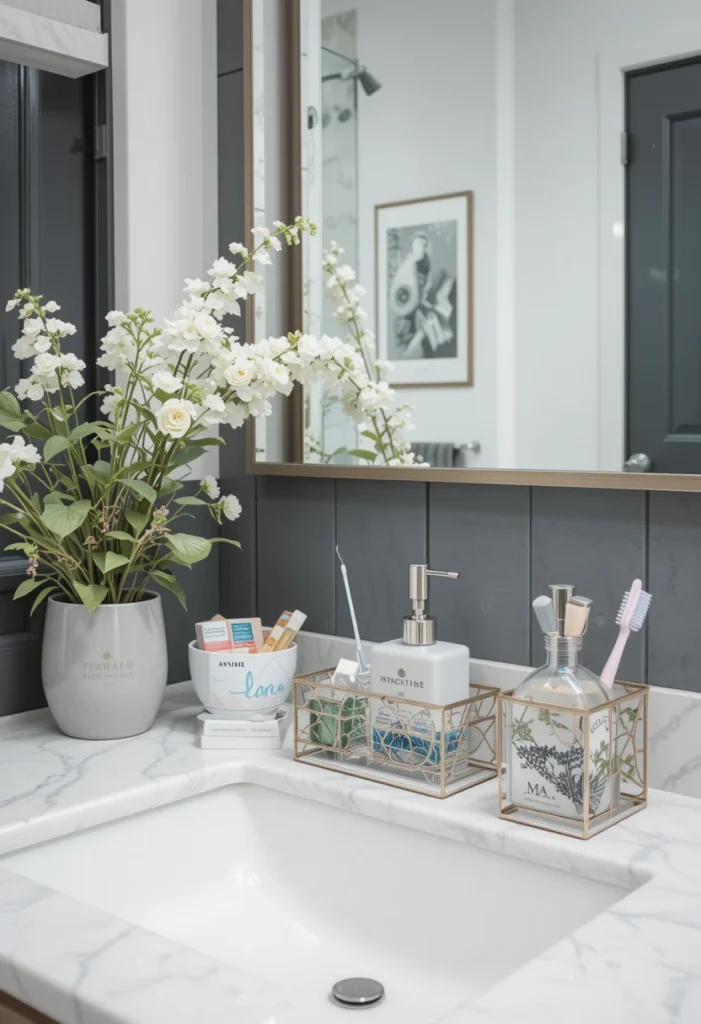 One defining feature of contemporary design is minimal clutter. Store only your daily essentials on the vanity while keeping everything else tucked away. A well-organized countertop instantly makes the bathroom appear more spacious and relaxing. Use a bathroom vanity organizer, a decorative soap dispenser set, and a toothbrush holder with storage to maintain a clean, stylish look.
