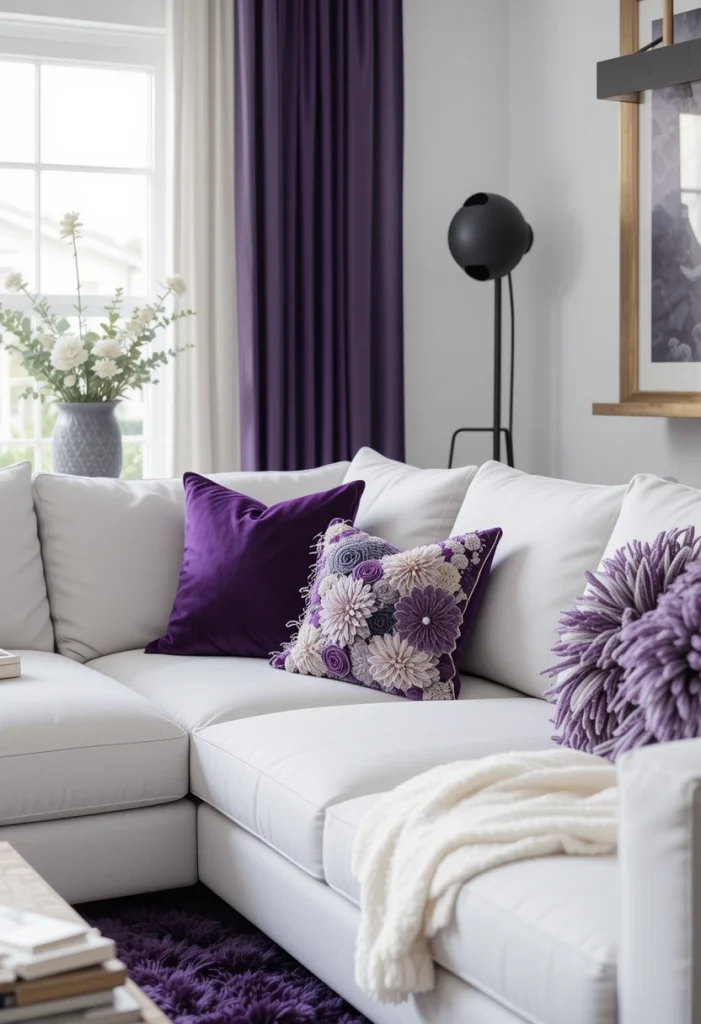 Start with a White Sofa and Purple Accent Pillows