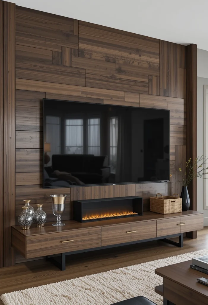 Dark Stained Wood TV Wall