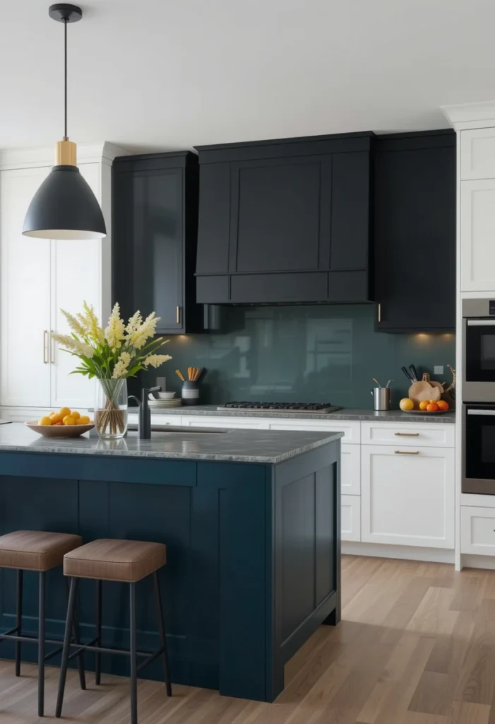 A contrasting island color instantly adds visual interest without overwhelming the kitchen. Navy blue, charcoal, forest green, or black islands paired with white perimeter cabinets remain timeless choices.