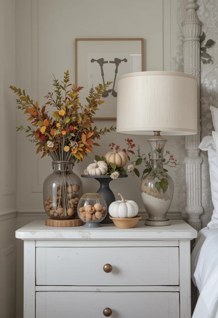 Fall bedroom decorations ideas (Your nightstand doesn't need to become cluttered with seasonal decorations. Instead, focus on a few carefully selected accessories that bring subtle autumn charm.
