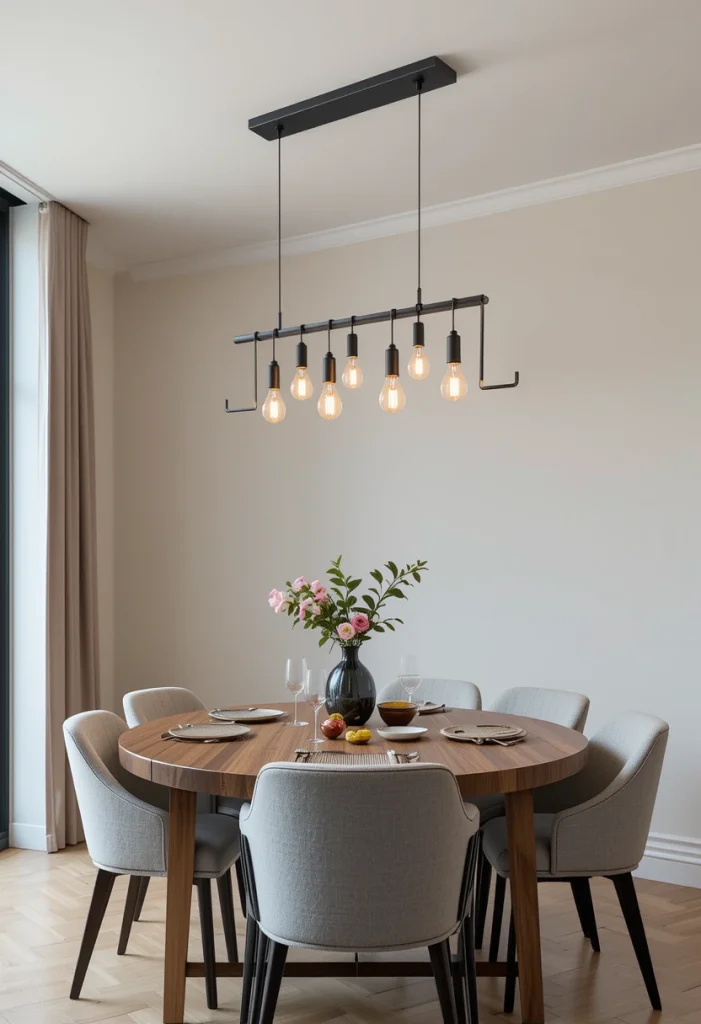 Install a Minimalist Black Linear Chandelier Above the Dining Table