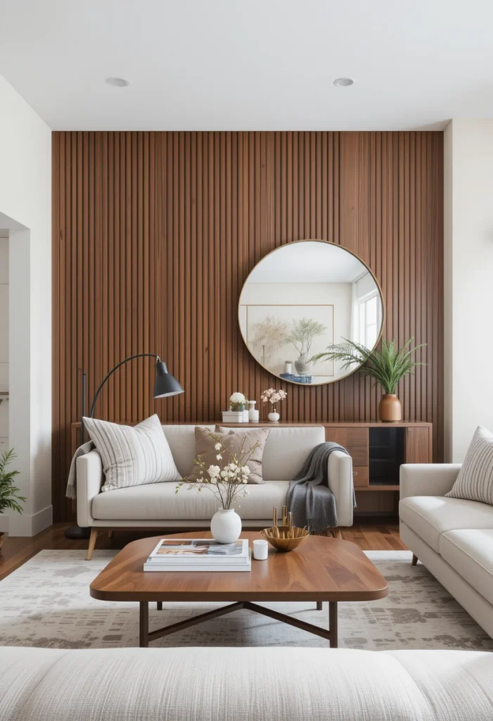 Vertical Walnut Wood Slat Accent Wall