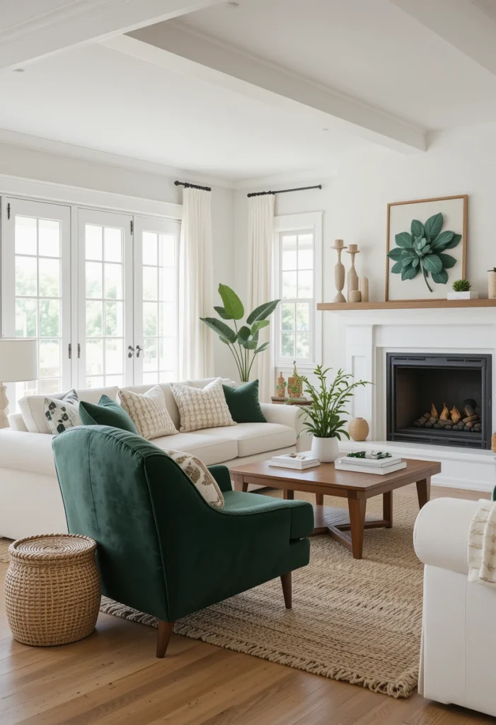 White and Green Living Room with Natural Wood