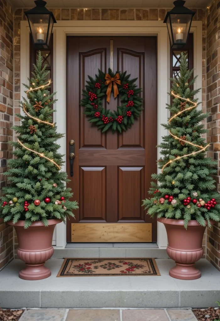 Christmas Porch with Potted Evergreens