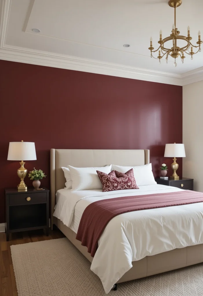 Burgundy Accent Wall with Neutral Bedding