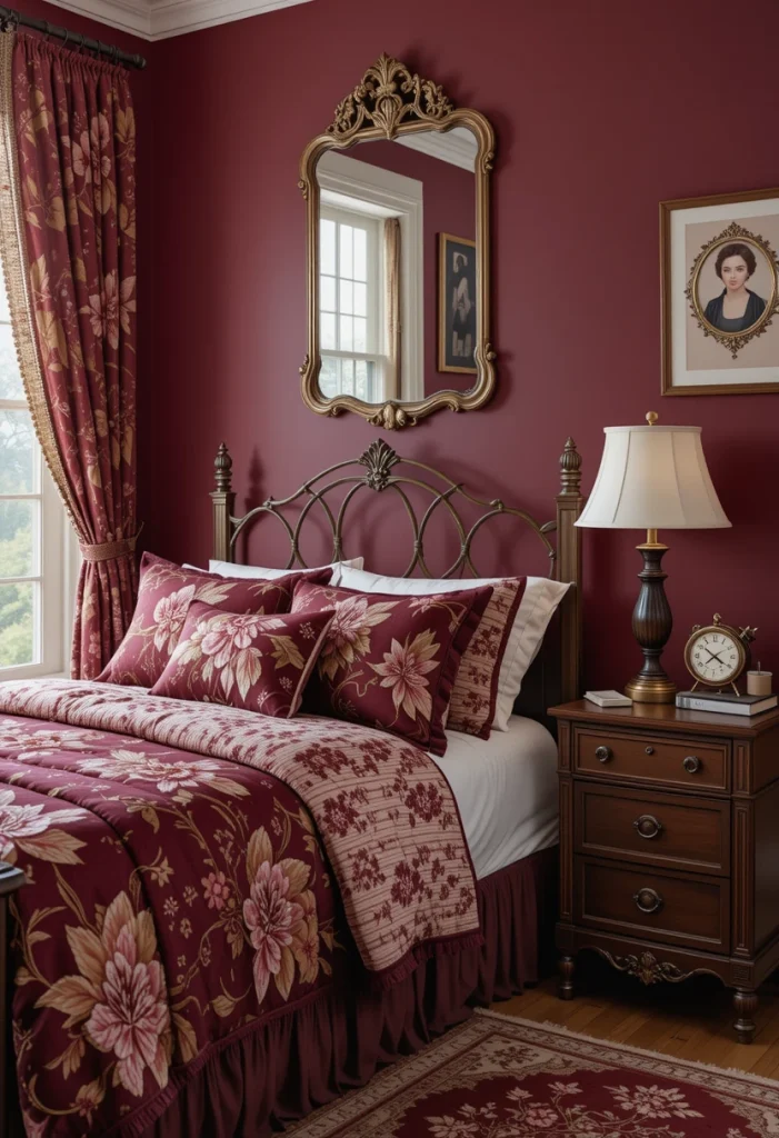 Burgundy Bedroom with Vintage Details