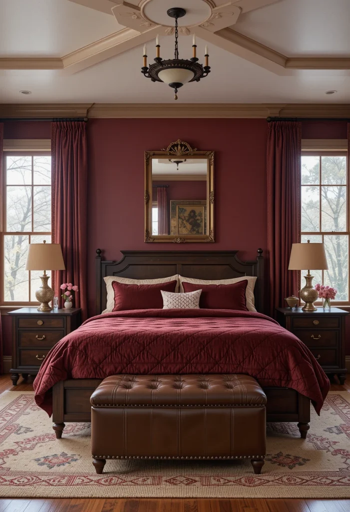 Burgundy and Dark Wood Bedroom